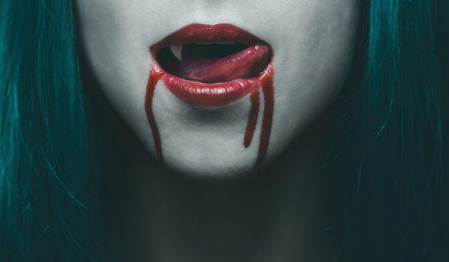 Vampire lips in blood close-up - obrazy, fototapety, plakaty