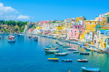 italian island procida is famous for its colorful marina, tiny narrow streets and many beaches...
