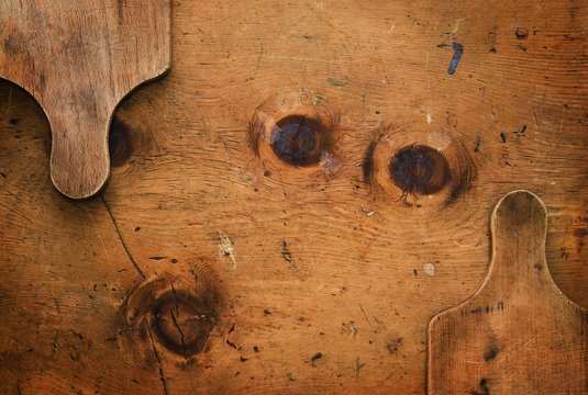 Old Wood Table With Wooden Boards Makes A Frame For Text In Rustic Vintage Style. Top View. Retro Concept Background.