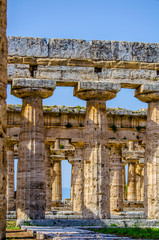 Detailed view of temple of Nettuno situated in ancient ruin complex in Paestum
