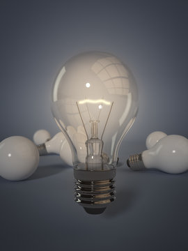 3 D render of field of light bulbs. One is "standing out from the crowd".
