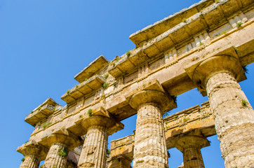 Detailed view of temple of Nettuno situated in ancient ruin complex in Paestum