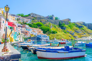 italian island procida is famous for its colorful marina, tiny narrow streets and many beaches...