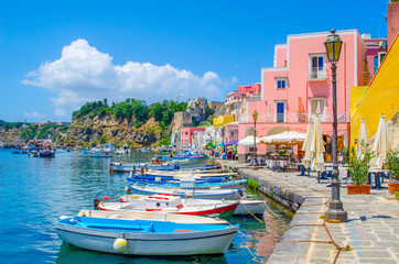 italian island procida is famous for its colorful marina, tiny narrow streets and many beaches...