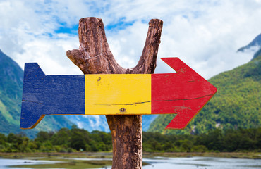 Romania Flag wooden sign with mountains background