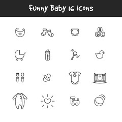 Vector outline black and white 16 baby icons set. Newborn theme