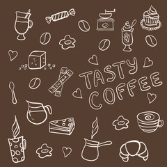 Vector set of tasty coffee hand drawn doodles