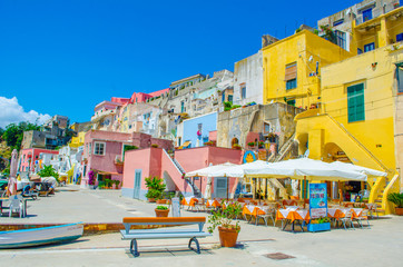 italian island procida is famous for its colorful marina, tiny narrow streets and many beaches...