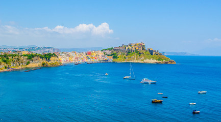 italian island procida is famous for its colorful marina, tiny narrow streets and many beaches...