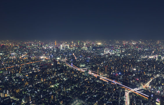 Night cityscape high above Tokyo, Japan from atop the Tokyo Skytree
