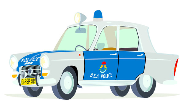 Caricatura Peugeot 404 policia sudafricana blanco y azul vista frontal y lateral
