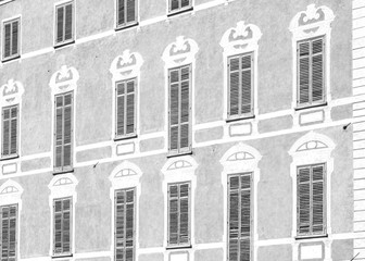 Mondovì Rione Piazza (Cuneo): old palace facade. Black and white photo