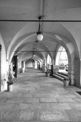 Mondovì (Cuneo): old alley. Black and white photo