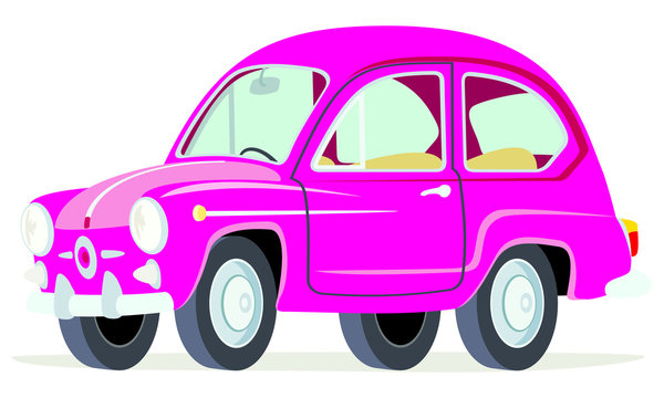 Caricatura Fiat Seat 600 rosado vista frontal y lateral