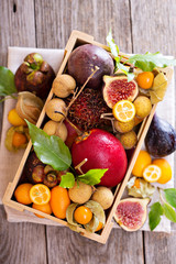 Exotic fruits in a wooden crate