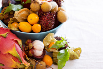 Exotic fruits in a blue bowl