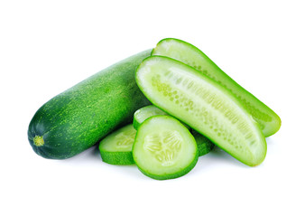Cucumber and slices isolated over white background.