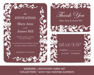 Wedding invitation cards set with thai painting elements