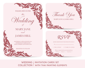 Wedding invitation cards set with thai painting elements