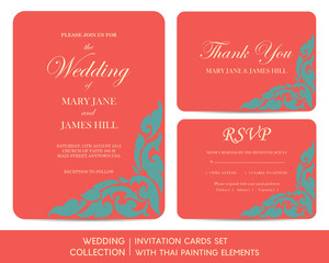 Wedding invitation cards set with thai painting elements