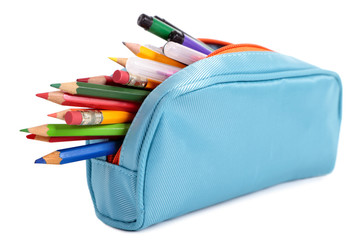 Pencil case full with pencils and crayons isolated on a white background school equipment photo