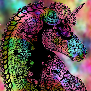 stylized  profile unicorn head on blurred background