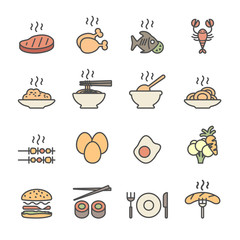 food icon set, flat line color version, vector eps10