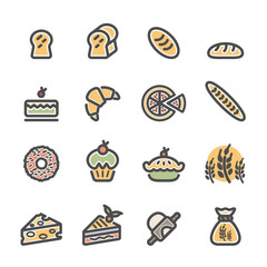 bakery icon set, flat line color version, vector eps10