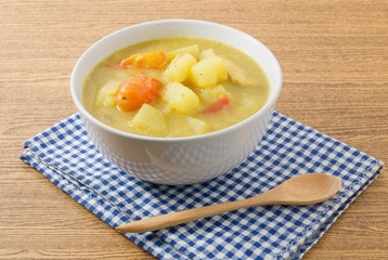 Curry Soup with Potato and Tomato in White Bowl