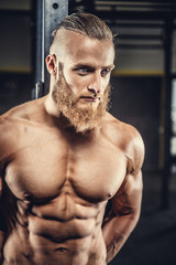 Portrait of shirtless muscular man with beard.