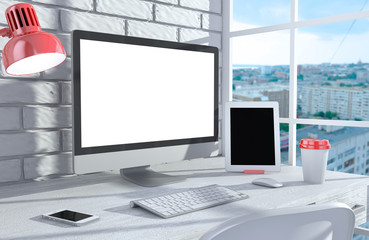 Fototapeta premium 3D illustration PC screen on table in office, Workspace
