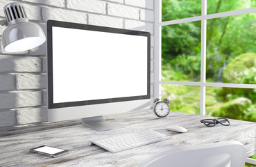 Fototapeta premium 3D illustration PC screen on table in office, Workspace
