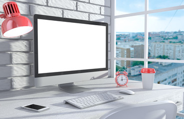 Fototapeta premium 3D illustration PC screen on table in office, Workspace