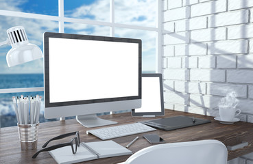 Fototapeta premium 3D illustration PC screen on table in office, Workspace