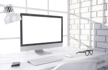 Fototapeta premium 3D illustration PC screen on table in office, Workspace
