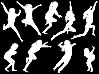 nine jumping girl silhouettes collection on black