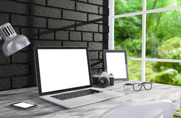 Fototapeta premium 3D illustration laptopand work stuff on table near brick wall
