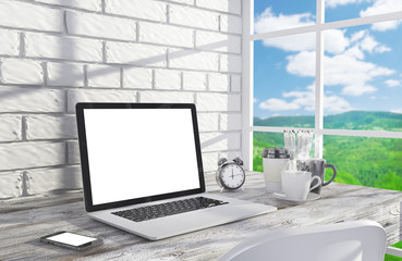 Fototapeta premium 3D illustration laptopand work stuff on table near brick wall