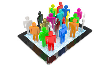 group of people figures on tablet PC, 3d render