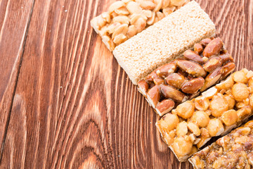 Peanut brittle sweet hard on wooden table