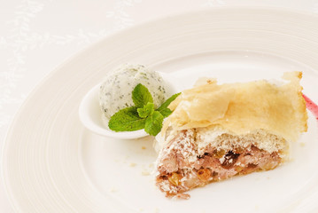 tasty strudel with ice cream