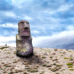 Moai sculpture in the afternoon sun in city