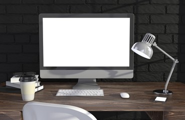 Fototapeta premium 3D illustration PC screen on table in office, Workspace