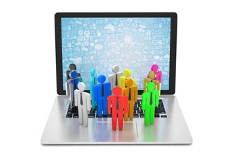 group of people figures on laptop, 3d render