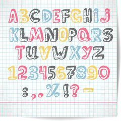Alphabet of rasterized point multicolored letters