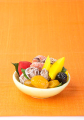 preserved fruits & Dried fruits. Food Snack on a Background