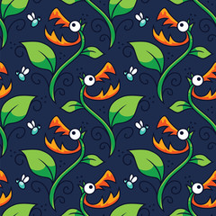 Naklejka premium Halloween Carnivorous Plant Seamless Pattern