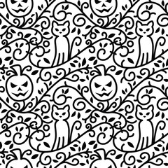 Halloween Cat and Pumpkin Seamless Pattern