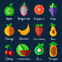 Set of food icons in flat design with fruits and berries. Vector illustration