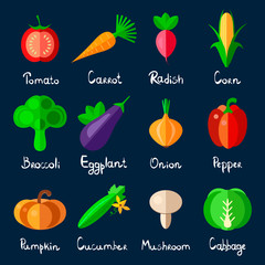 Set of food icons in flat design with vegetables and mushrooms. Vector illustration